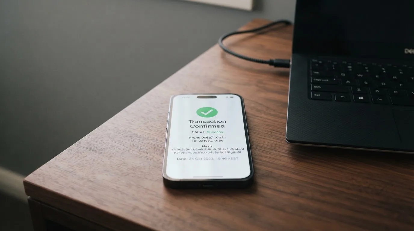A phone displaying a blockchain transaction confirmation screen next to a laptop keyboard.