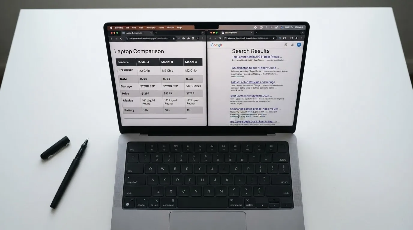 A laptop screen split between two browser tabs, one showing a comparison table and the other a search results page.