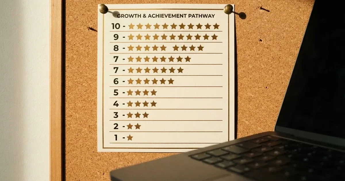 A gold-coloured tier chart pinned to a corkboard next to a laptop keyboard.