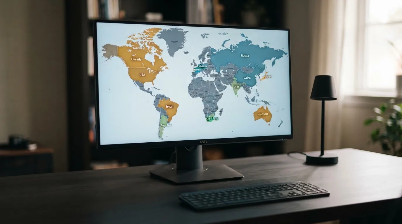 A world map on a screen with several countries highlighted in different colours.