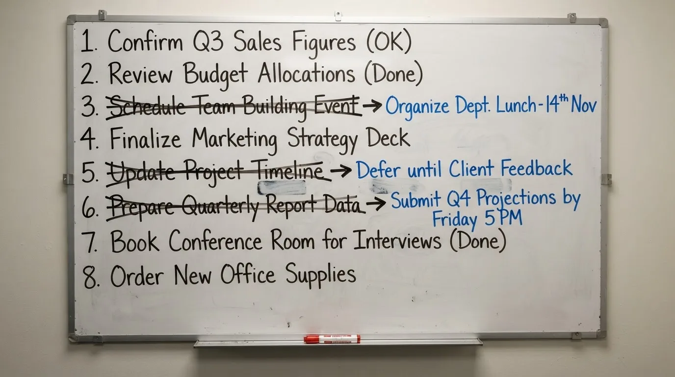 A whiteboard with a numbered shortlist crossed out and rewritten several times.