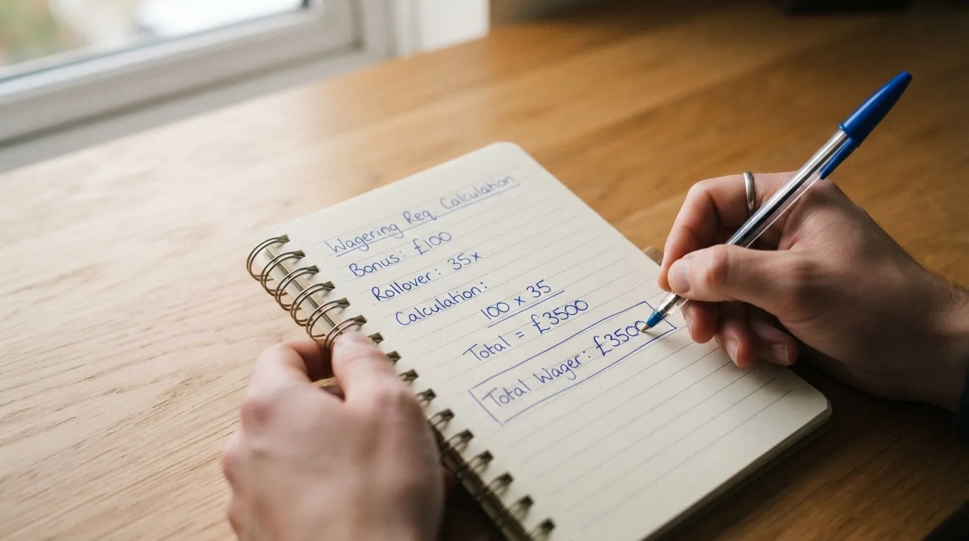 A notepad with a wagering-requirement calculation written out beside a calculator.