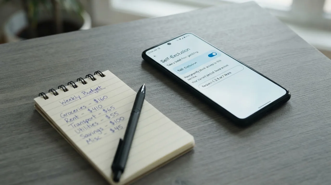 A phone showing a self-exclusion settings screen next to a notepad with a weekly budget written on it.